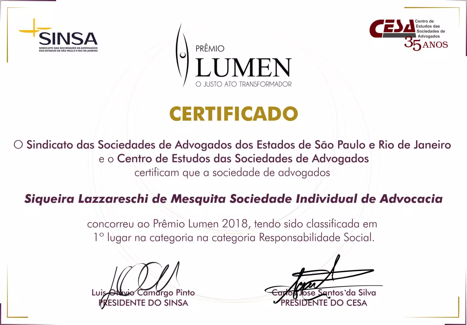 Premiação: LUMEN - SLM Advogados - Dra. Ana Paula Siqueira Lazzareschi de Mesquita