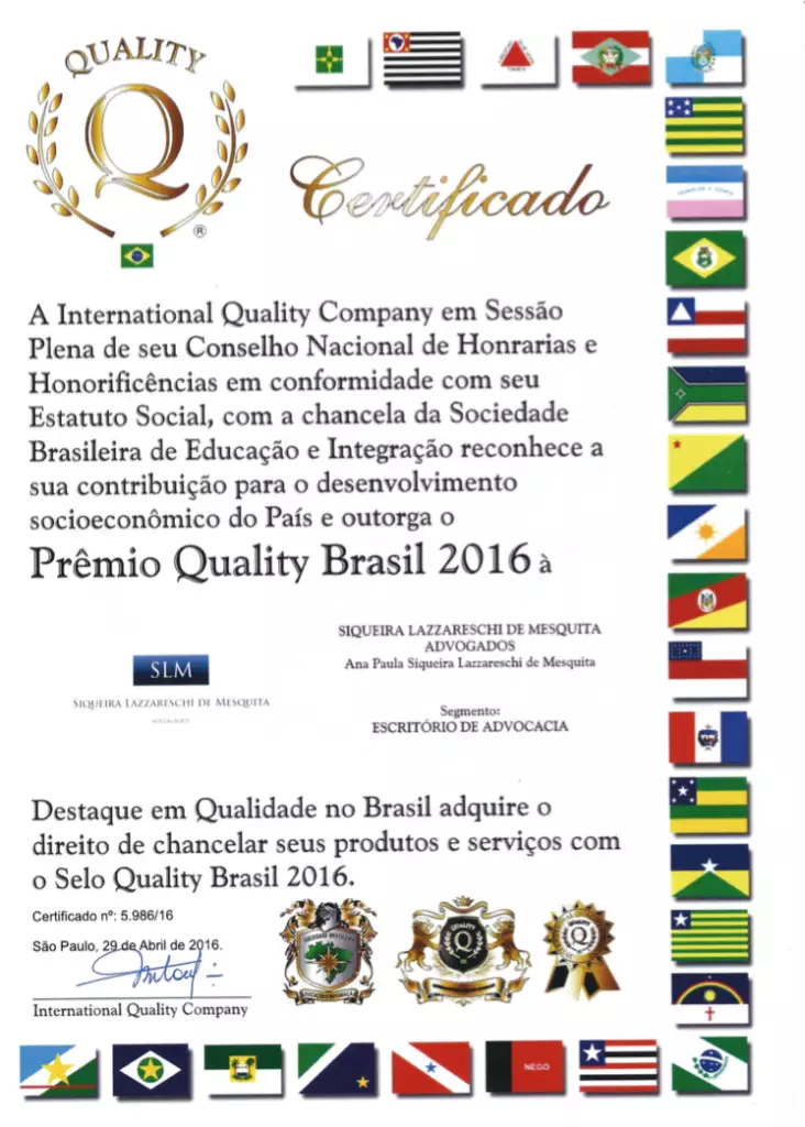 Premiação: QUALITY BRASIL - SLM Advogados - Dra. Ana Paula Siqueira Lazzareschi de Mesquita
